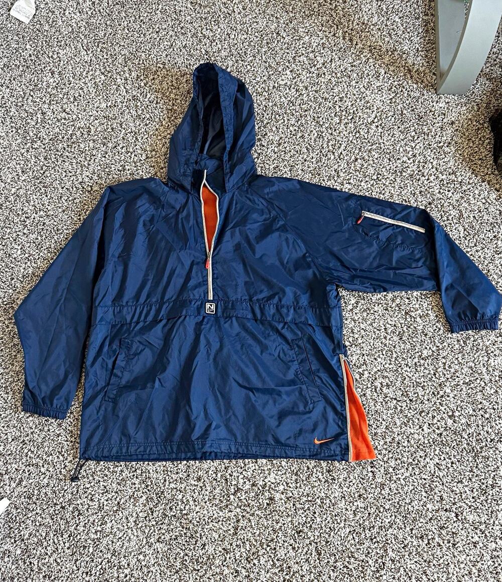 Vintage Nike Mens XL Navy Blue/Orange Hooded quarter Zip Windbreaker Jacket